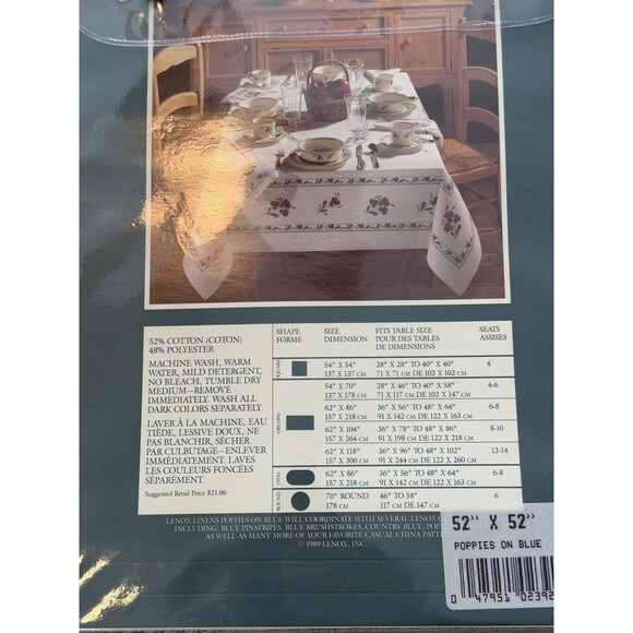 Vintage Lenox POPPIES ON BLUE Tablecloth 54" x 54" Square Fine Table Linen New - Picture 3 of 3